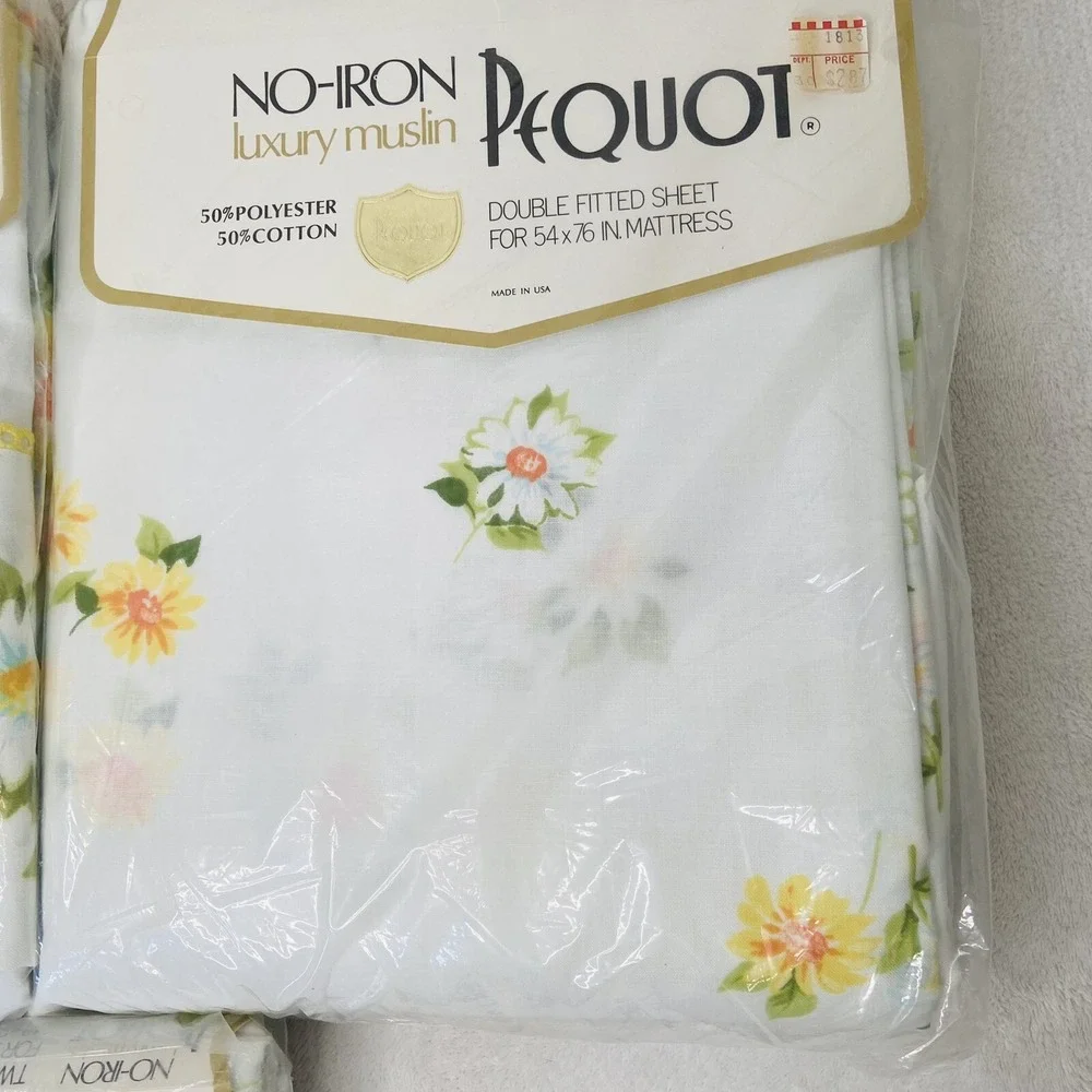 Vintage Pequot Maytime Yellow Daisy Floral Full Fitted Flat Sheet Pillowcase Set